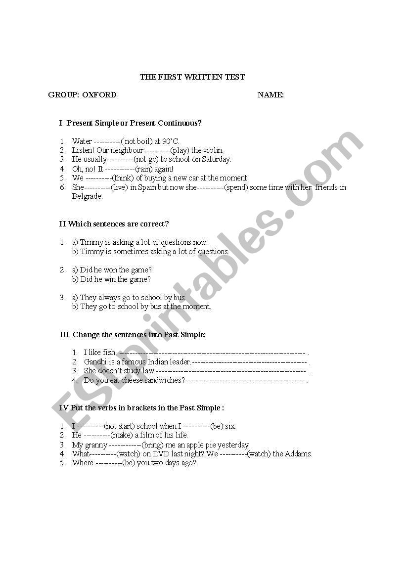 written test worksheet