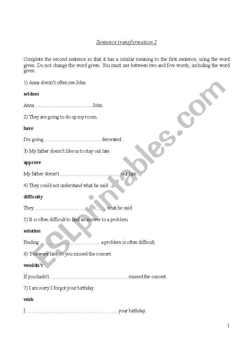 Sentence transformation 2 for FCE students 