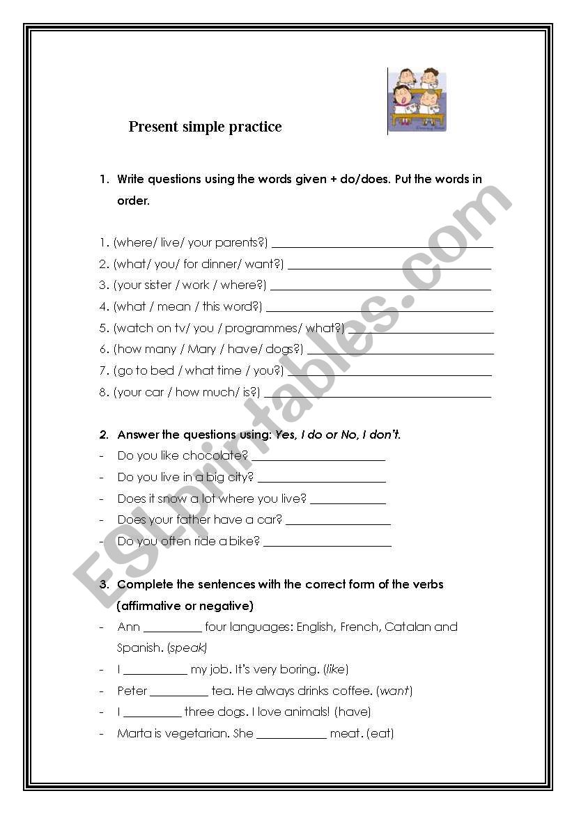 Present simple practice worksheet