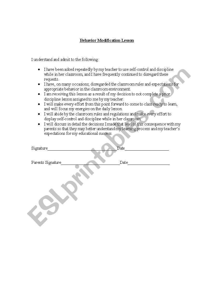 Classroom Behavior Modification Contract