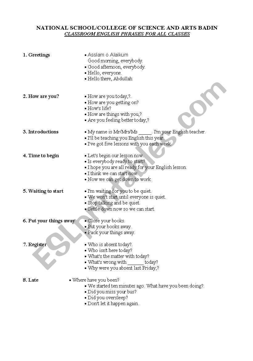  Class room phrases worksheet