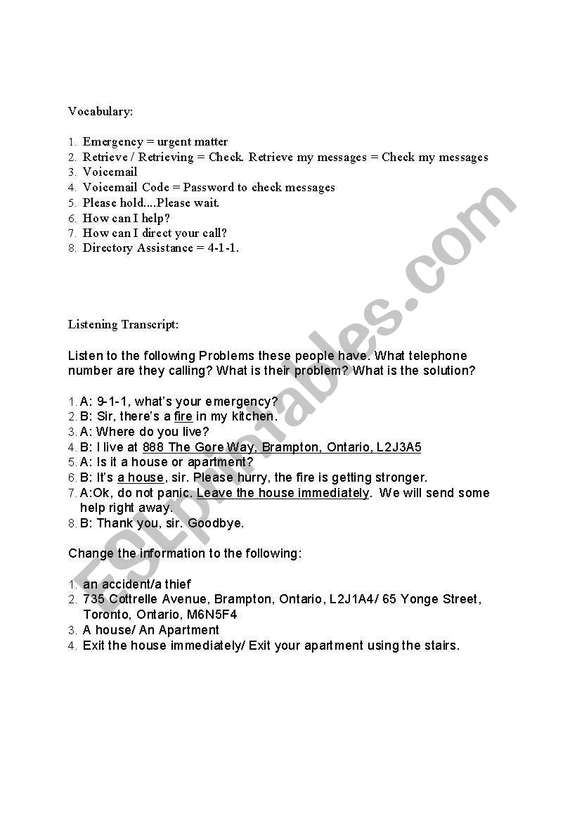 Emergency Phone Calls worksheet