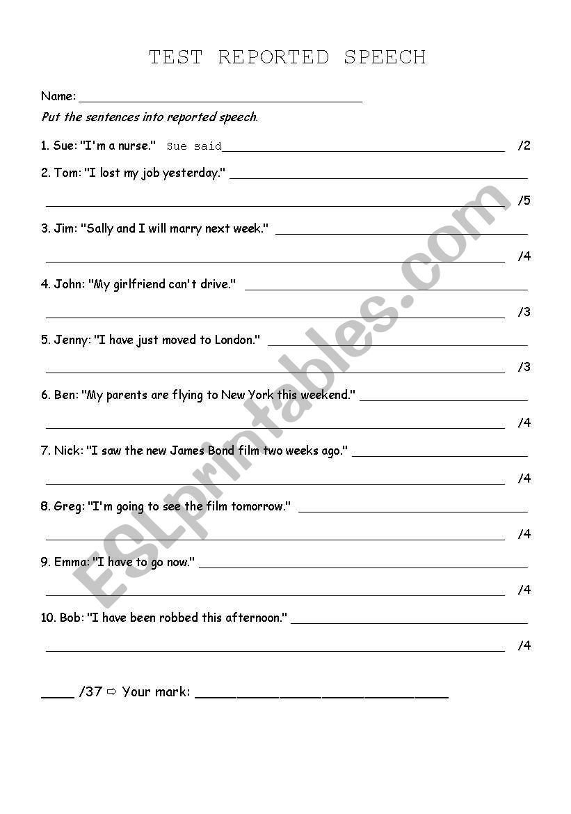 reported speech test worksheet