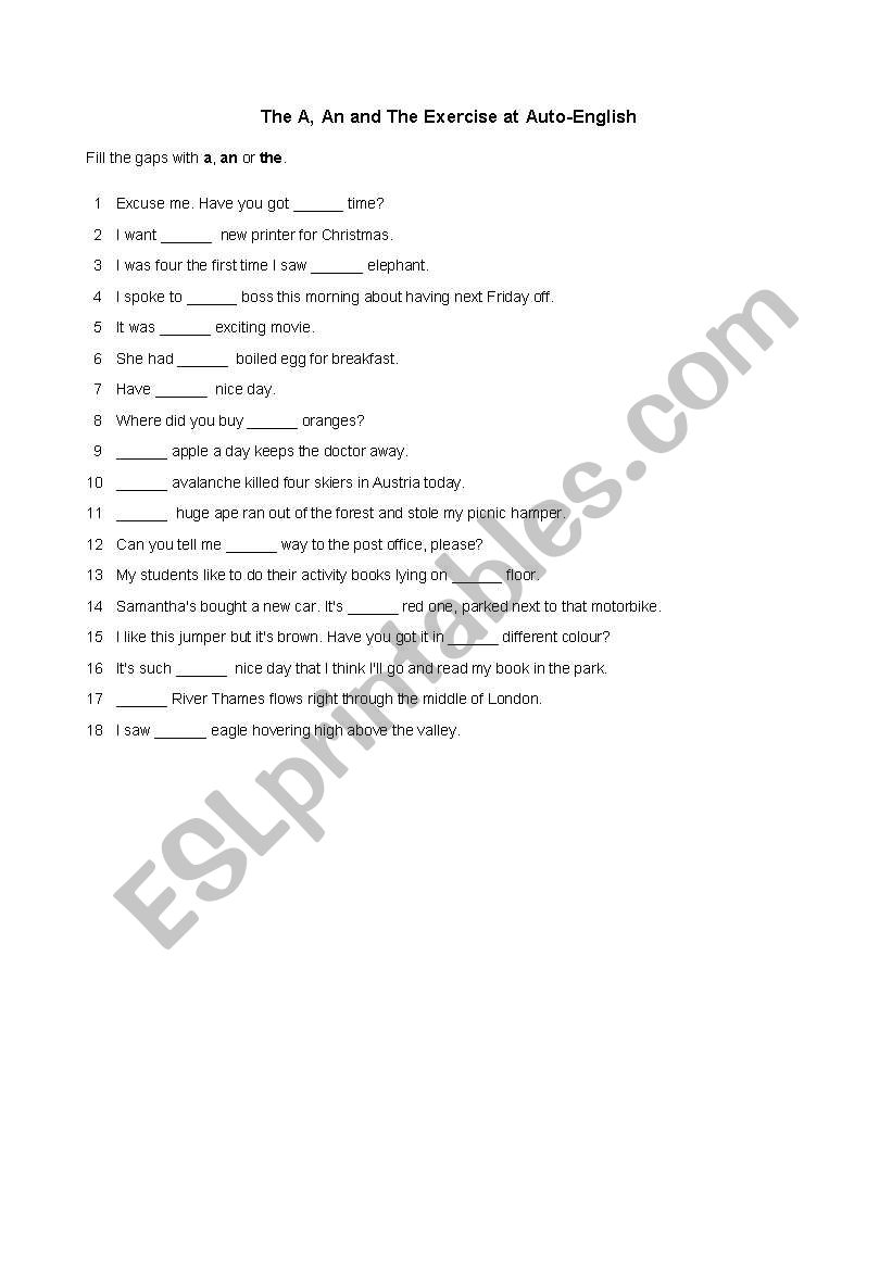 Articles worksheet