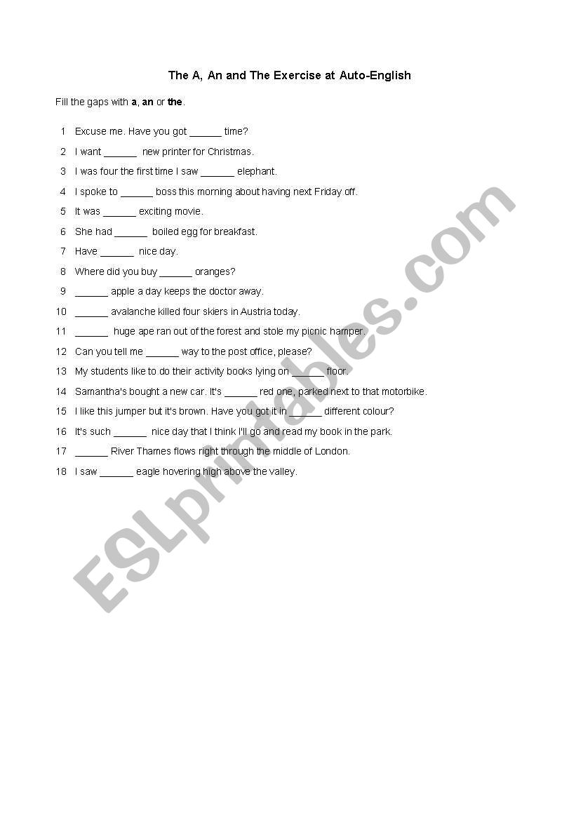 Articles worksheet