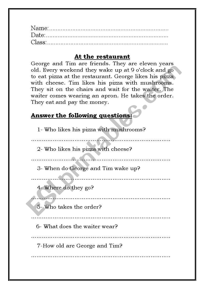 At the Restaurant worksheet