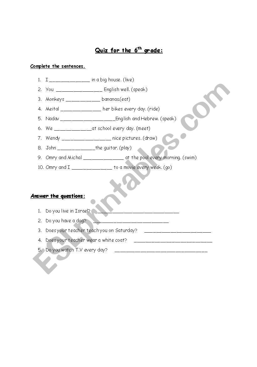 Quiz -present simple worksheet