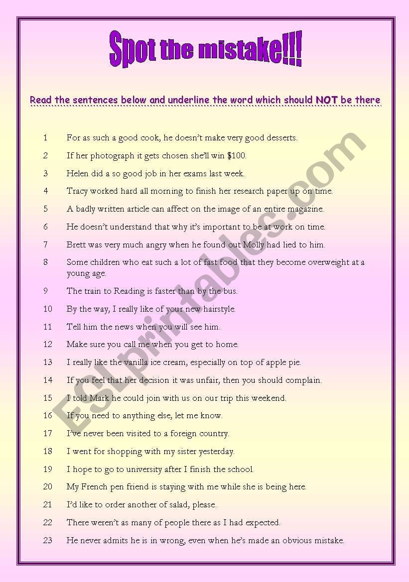 SPOT THE MISTAKE worksheet