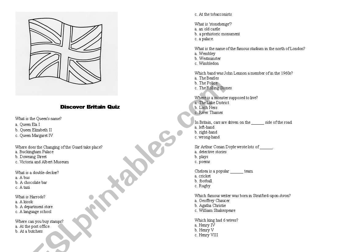 discover Britain Quiz worksheet