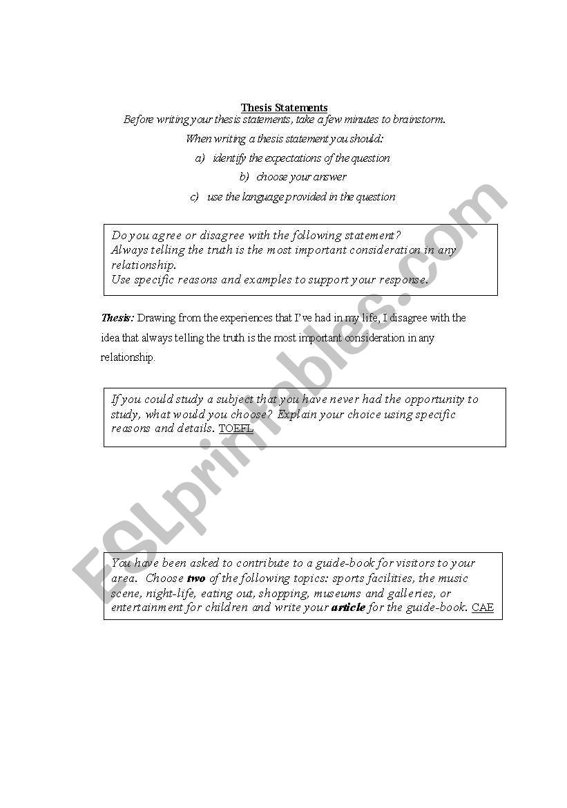 THESIS STATEMENTS worksheet