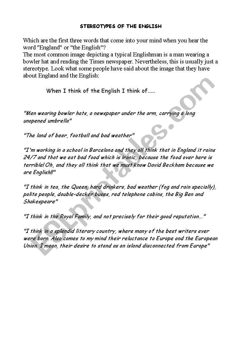 English Stereotypes worksheet