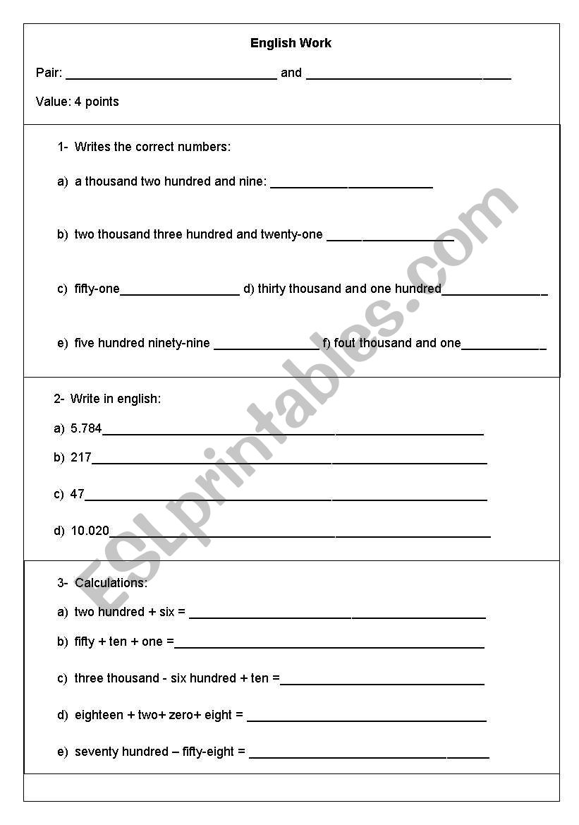 english test numbers worksheet