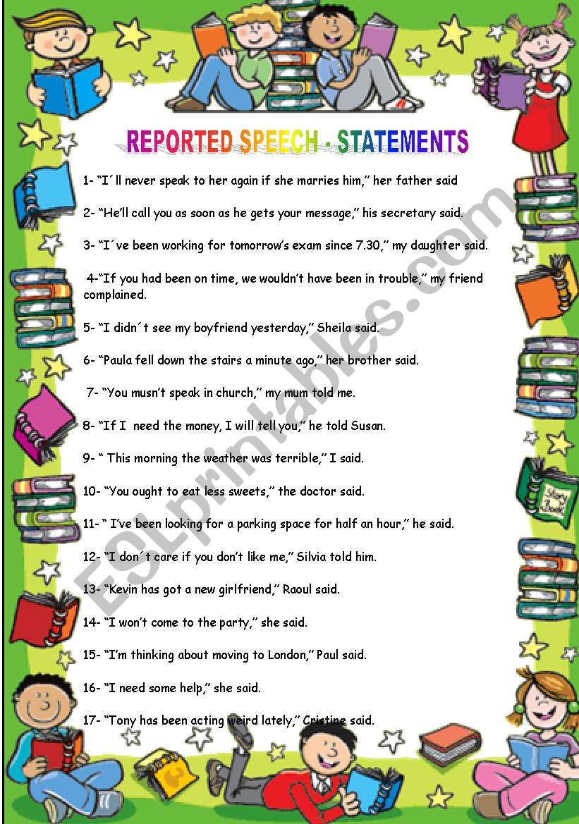 Reported Speech Statements worksheet