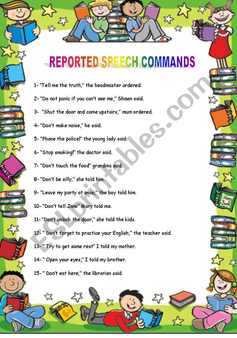 Reported Speech Commands worksheet