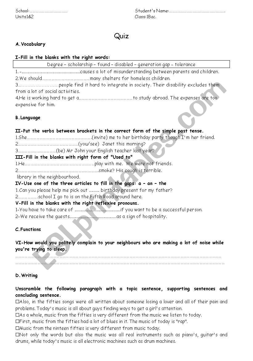 First Bac Quiz worksheet