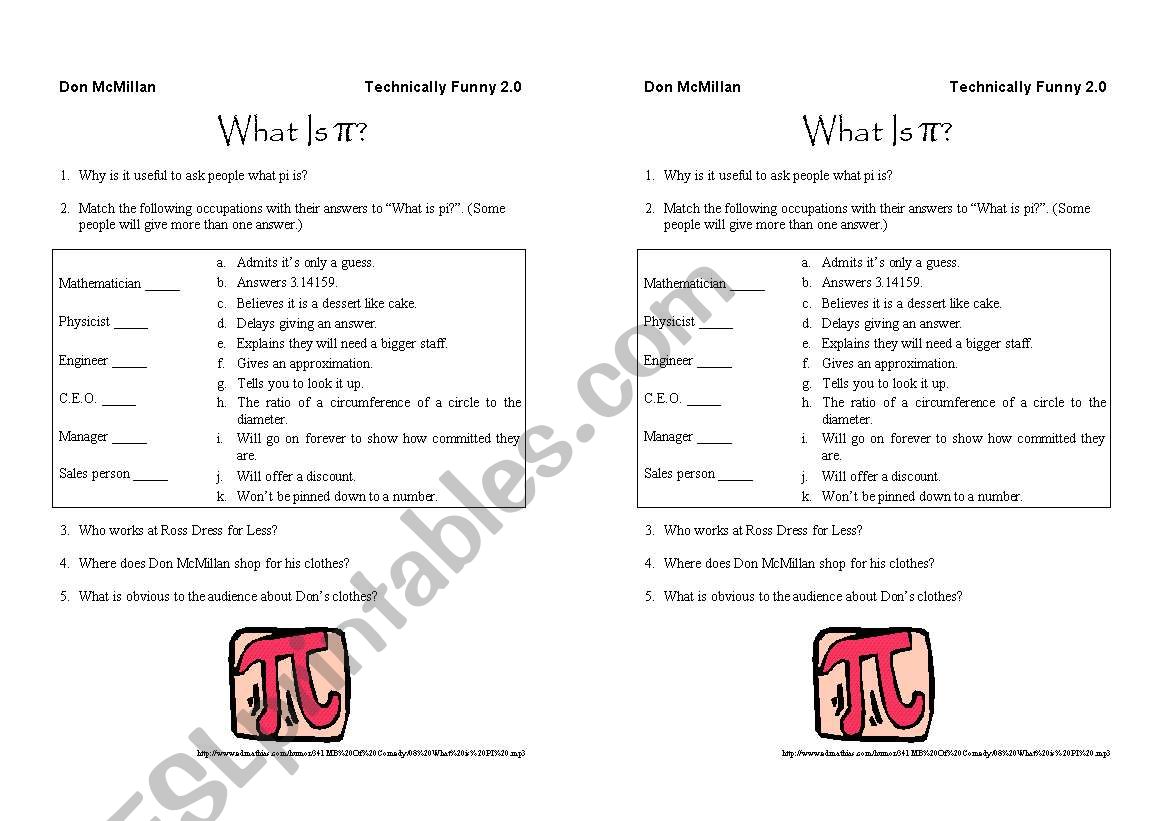 Don McMillan - What Is Pi? worksheet