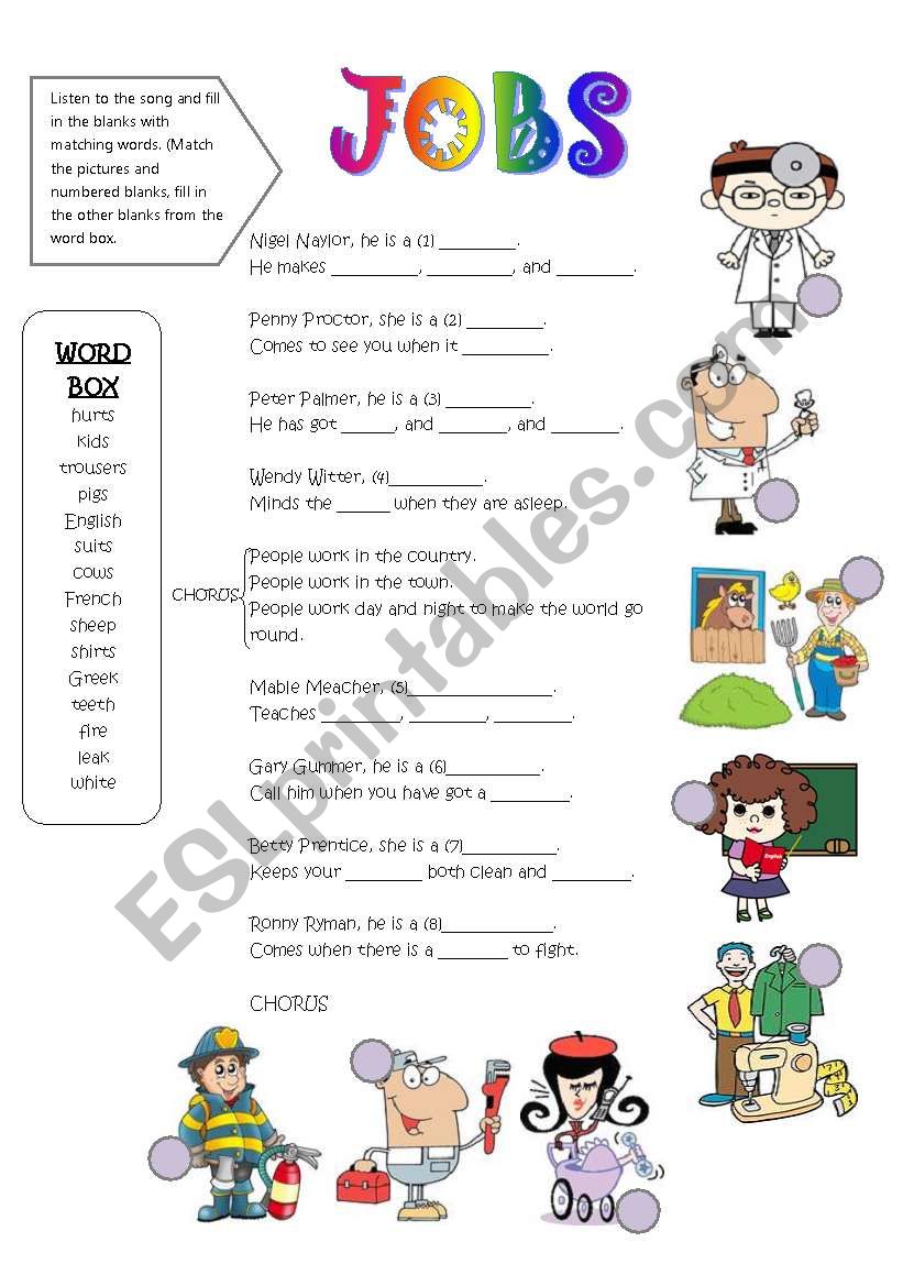 jobs song - fill in the blanks activity