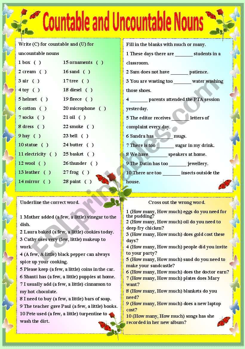 COUNTABLE AND UNCOUNTABLE NOUNS - (B/W VERSION AND ANSWER KEY)