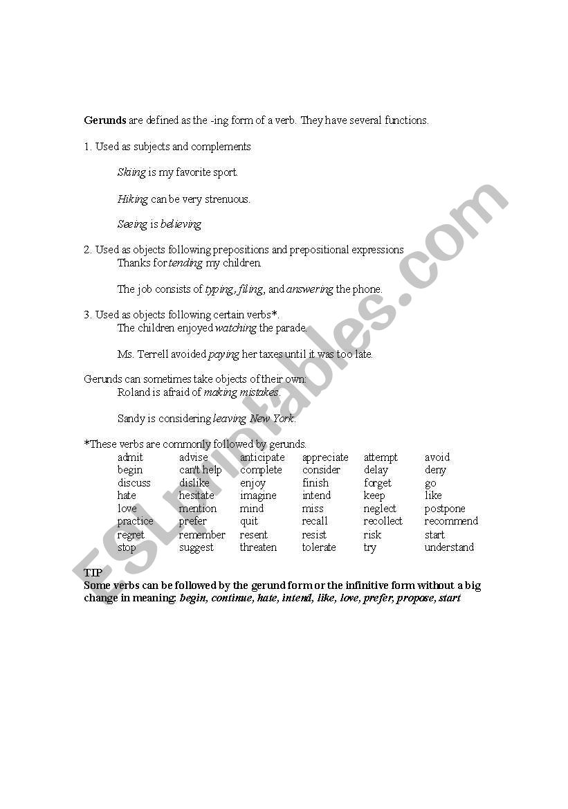 gerunds - short information worksheet