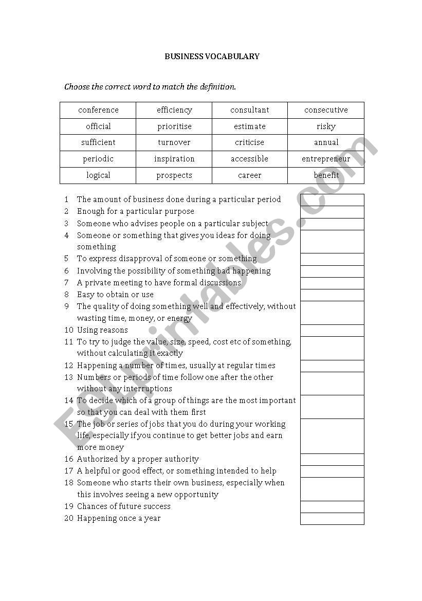 Business Vocabulary worksheet