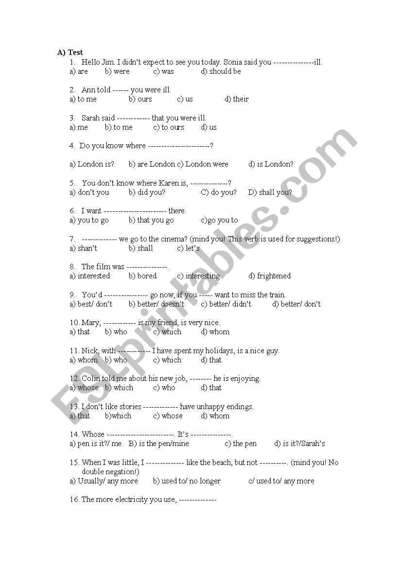 Test your students level! worksheet