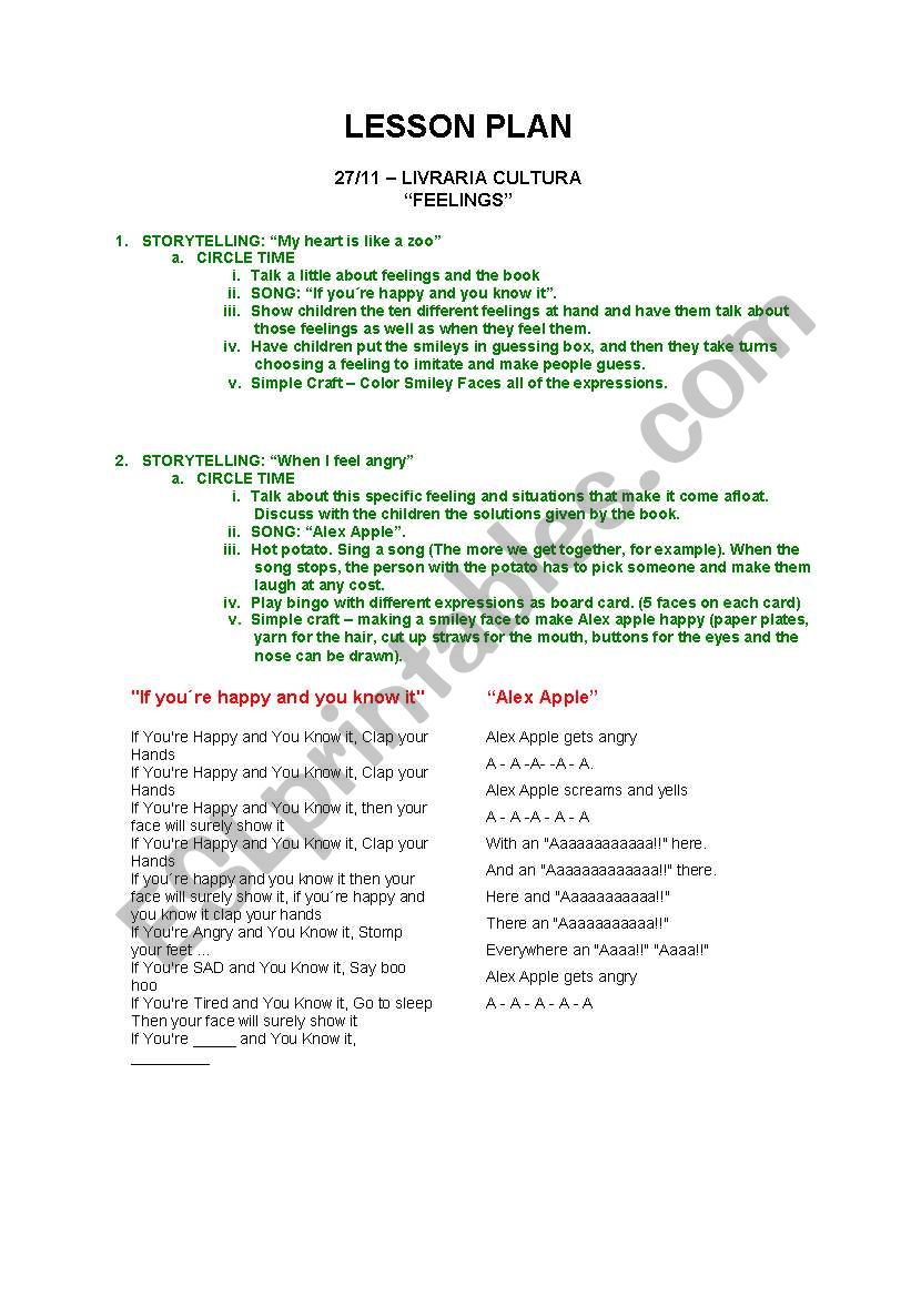 FEELINGS LESSON PLAN worksheet