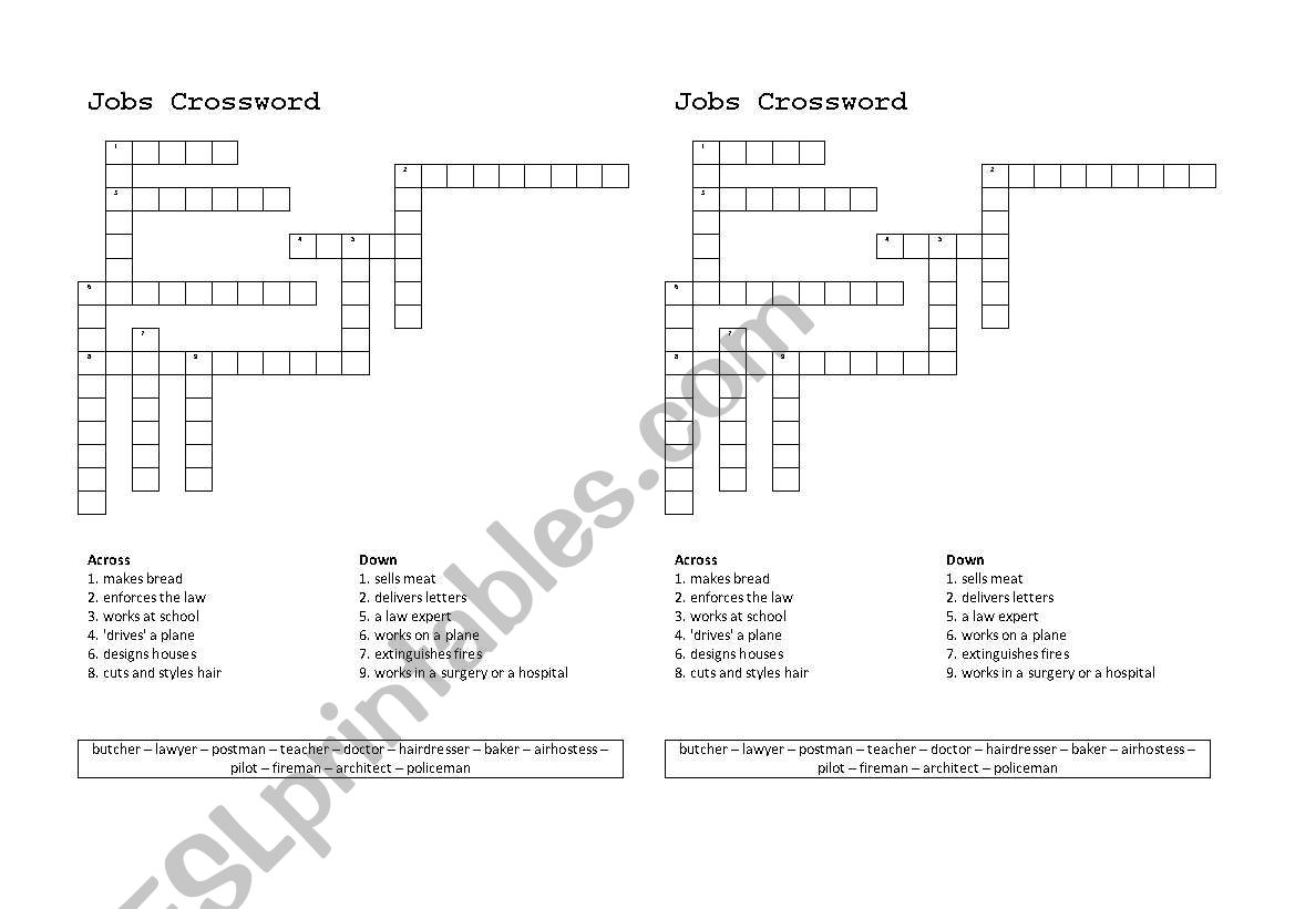 jobs - crossword worksheet