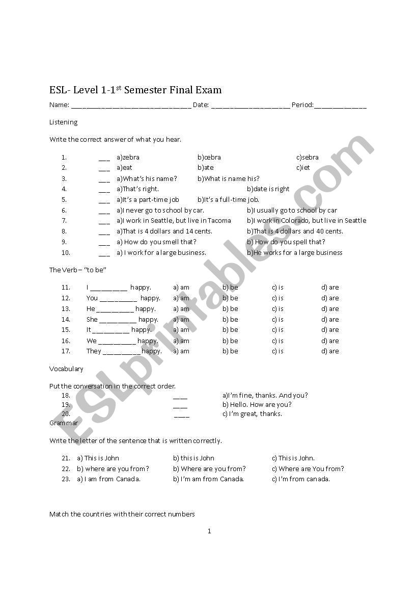 ESL Level 1 Final Test worksheet