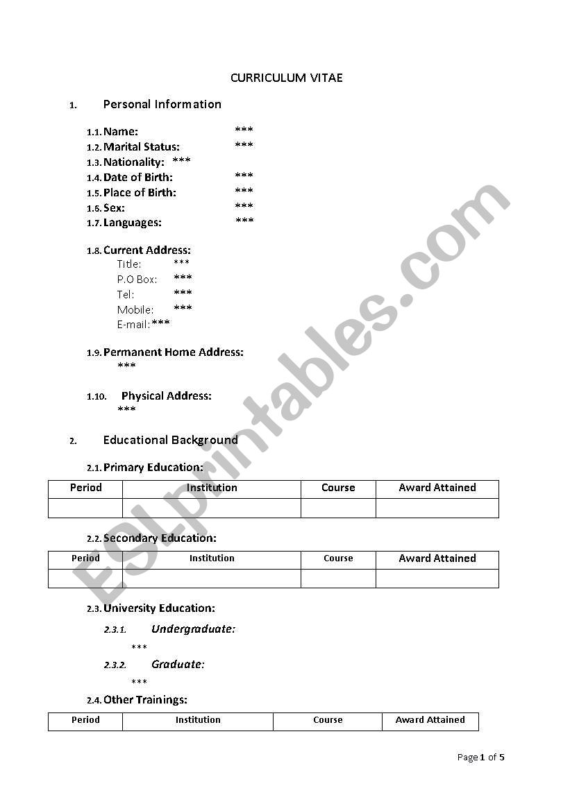 Curriculum Vitae Format worksheet