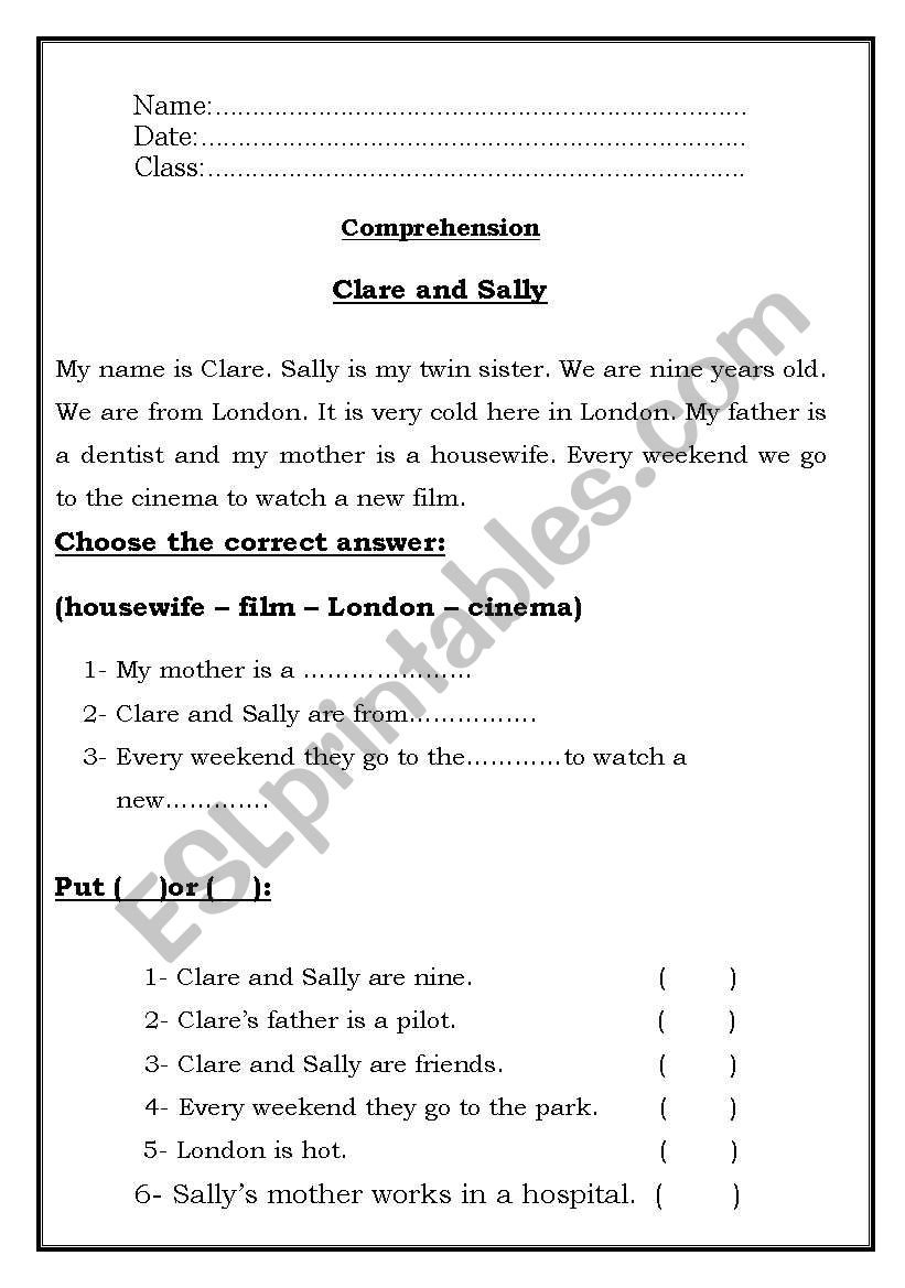 Reading Comprehension worksheet