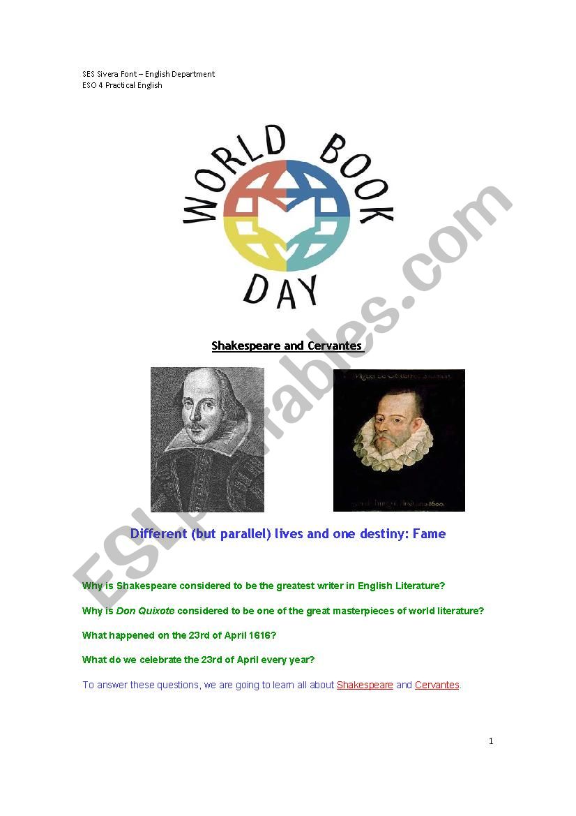 world book day shakespeare cervantes esl worksheet by siverafont