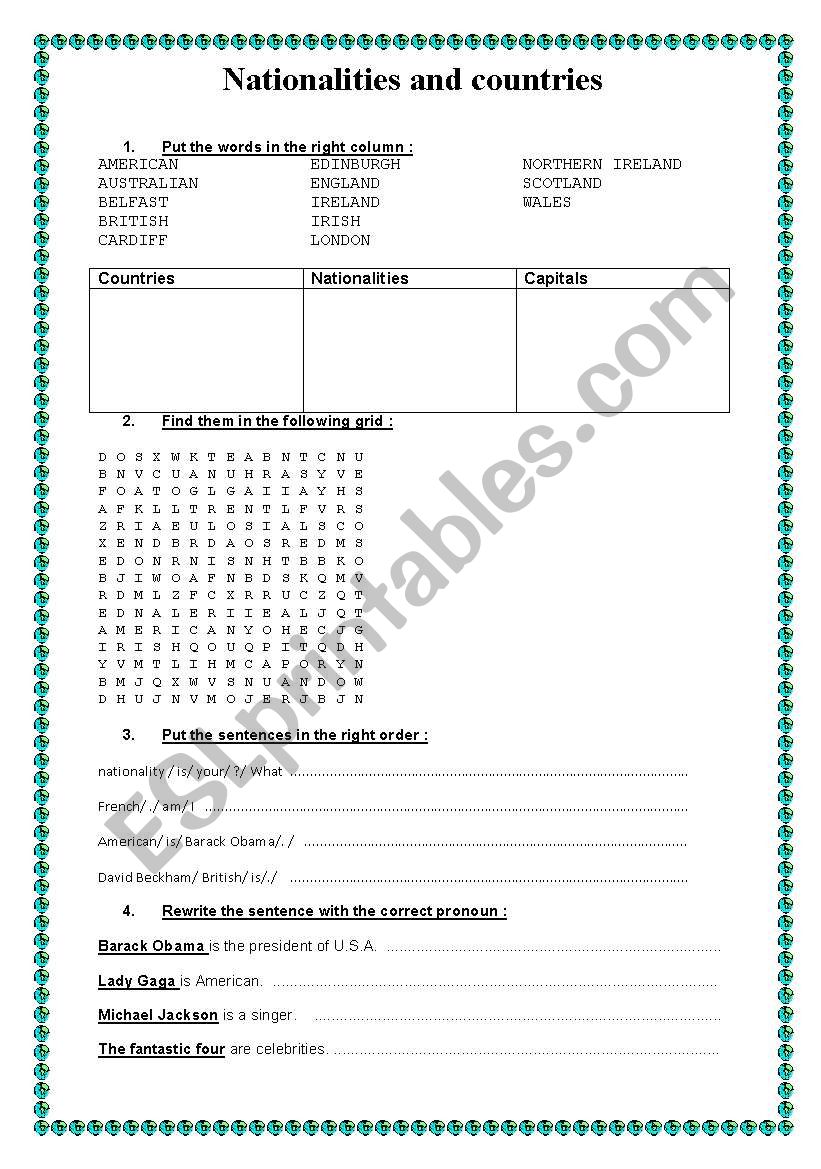 Nationalities/ countries/ capitals wordsearch