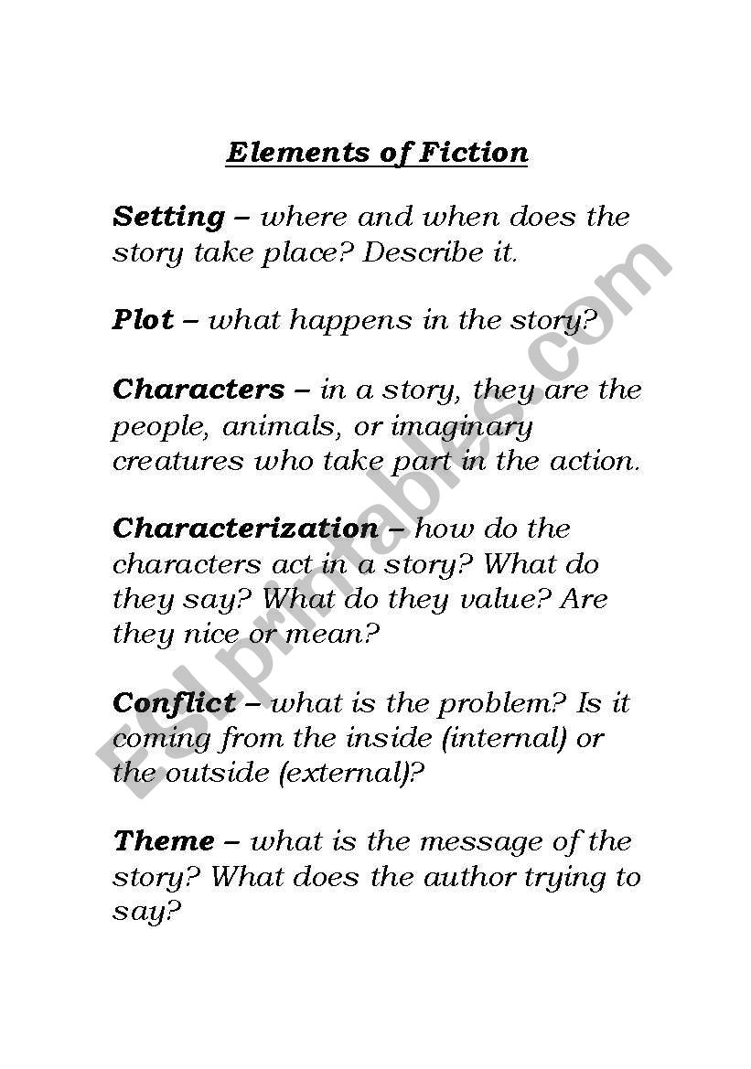 English worksheets: Elements of Fiction  Pertaining To Elements Of Fiction Worksheet