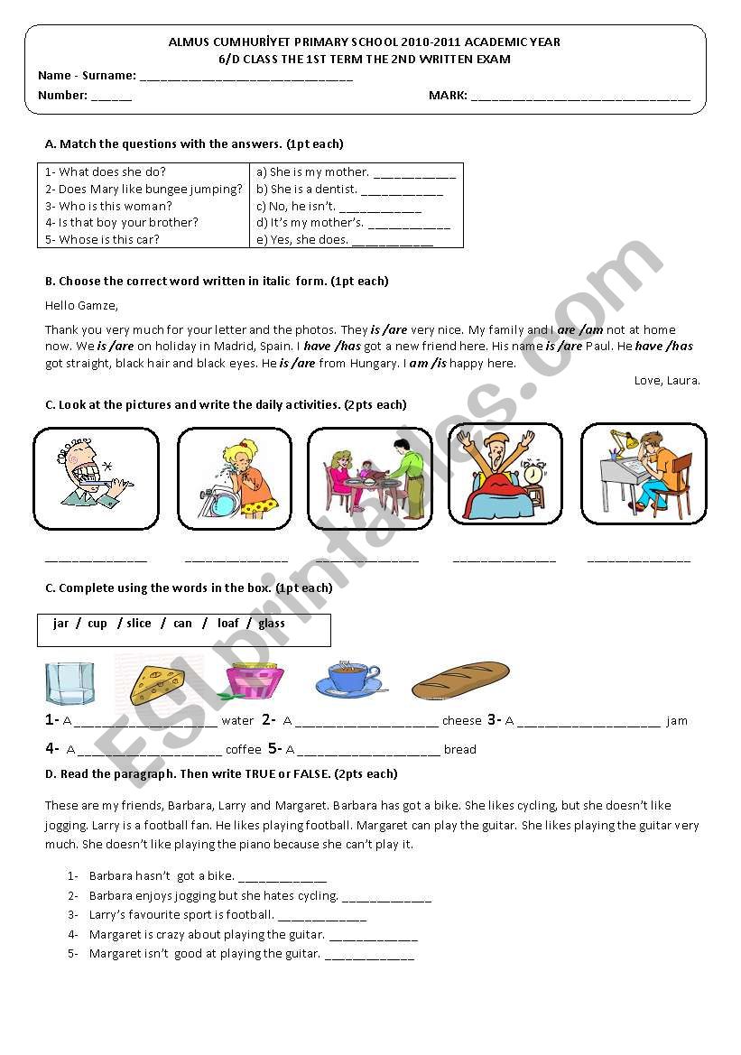 6th class exam worksheet