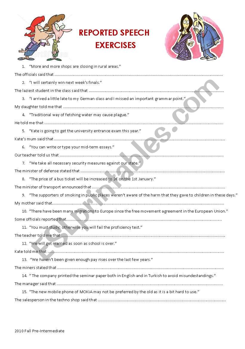 REPORTED SPEECH worksheet