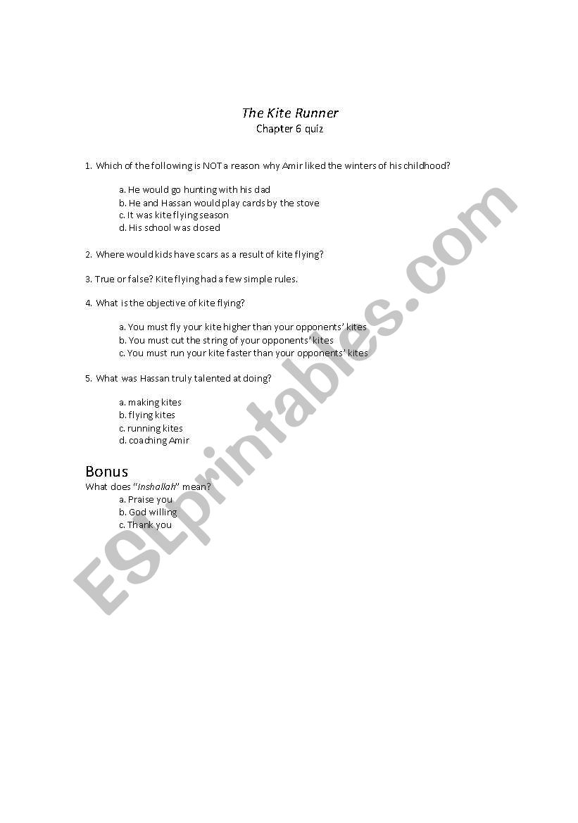 the Kite Runner Quiz questions. Chapter 6 