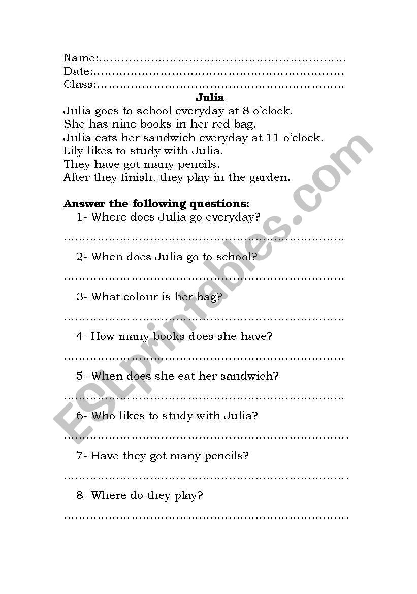 Reading Comprehension worksheet