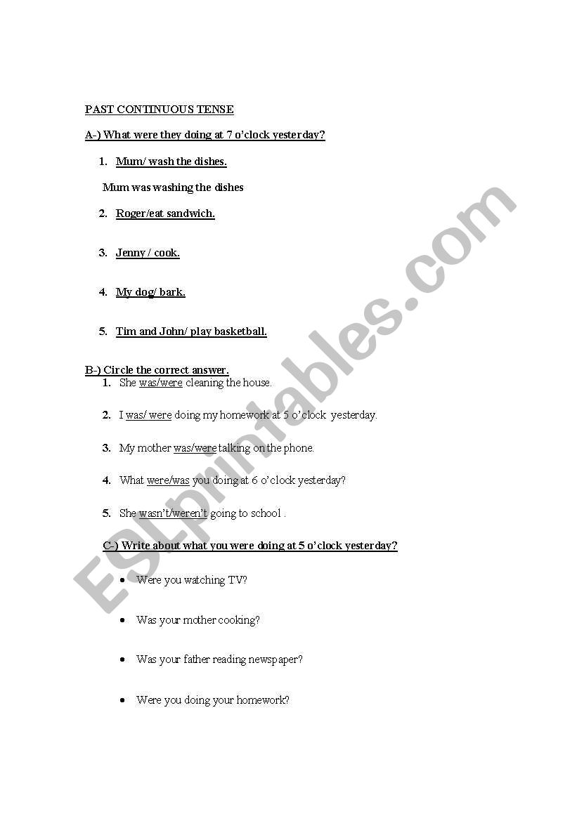 past continuos tense worksheet