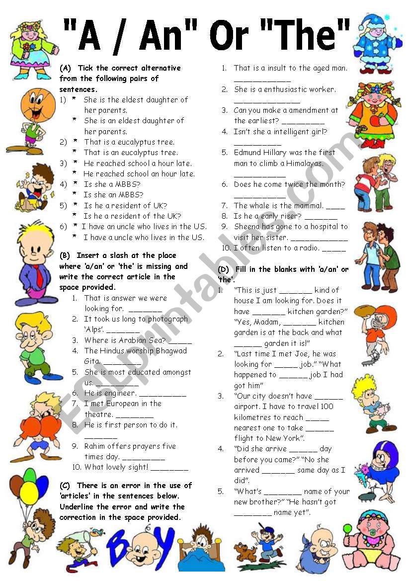 Exercises on ARTICLES A, AN & THE (Editable with Key)