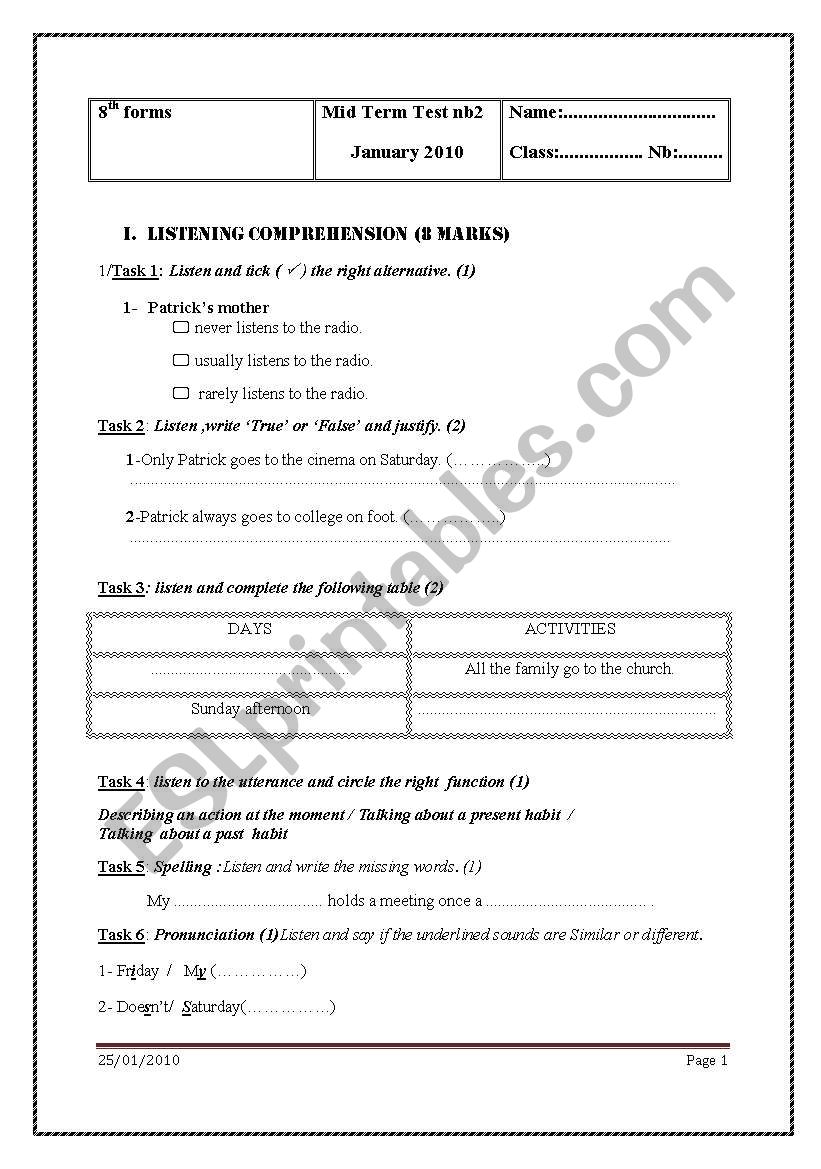 mid term test nb 2 8th form worksheet