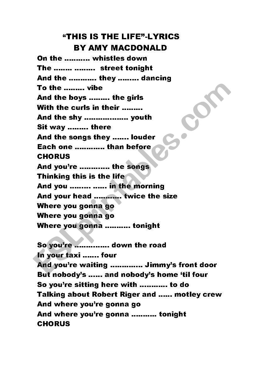 This is the life -lyrics worksheet