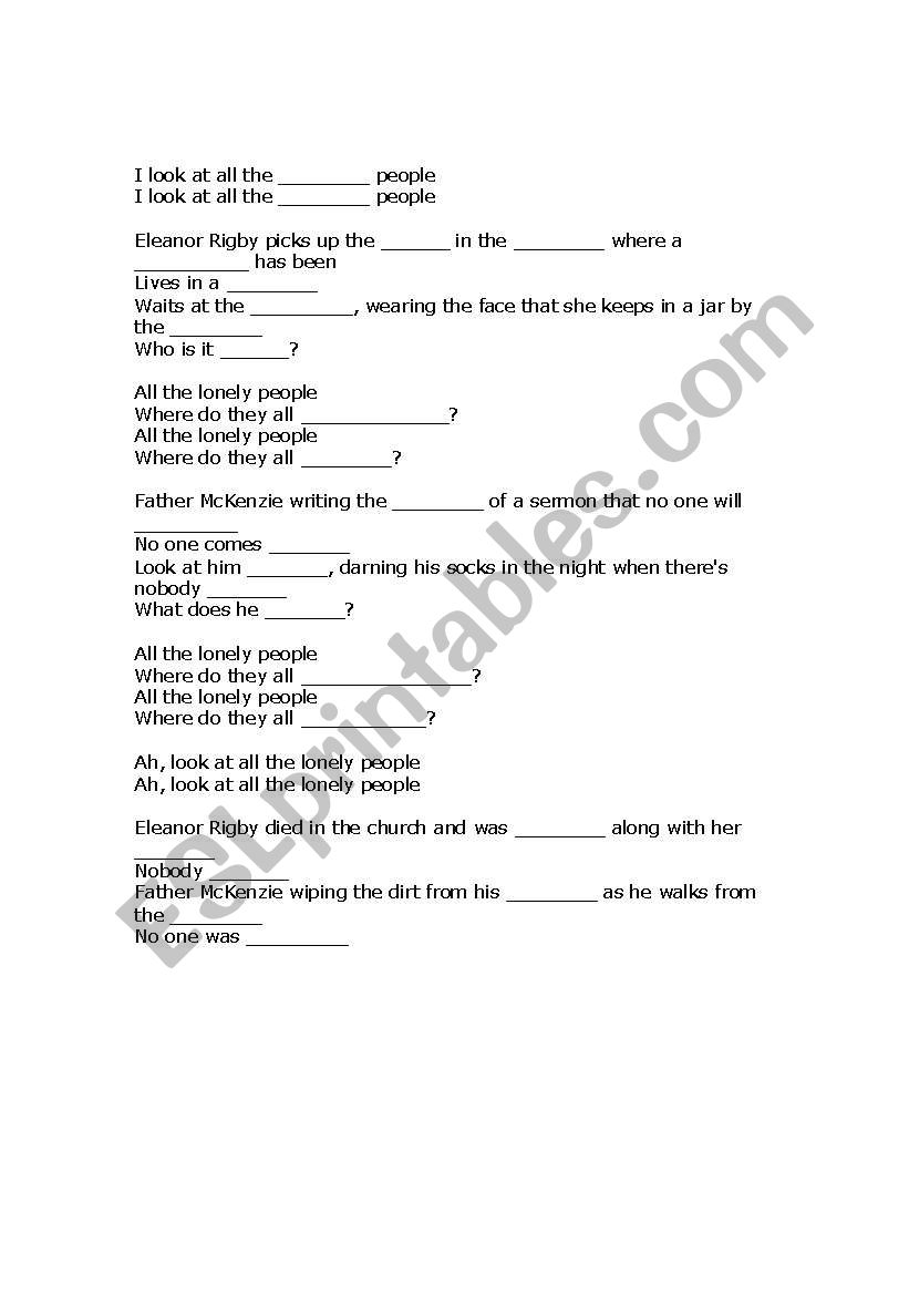 Eleanor Rigby (Beatles) gapfill worksheet