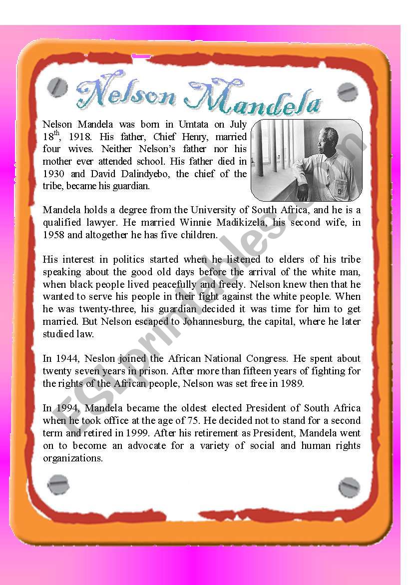 Reading - Nelson Mandela worksheet