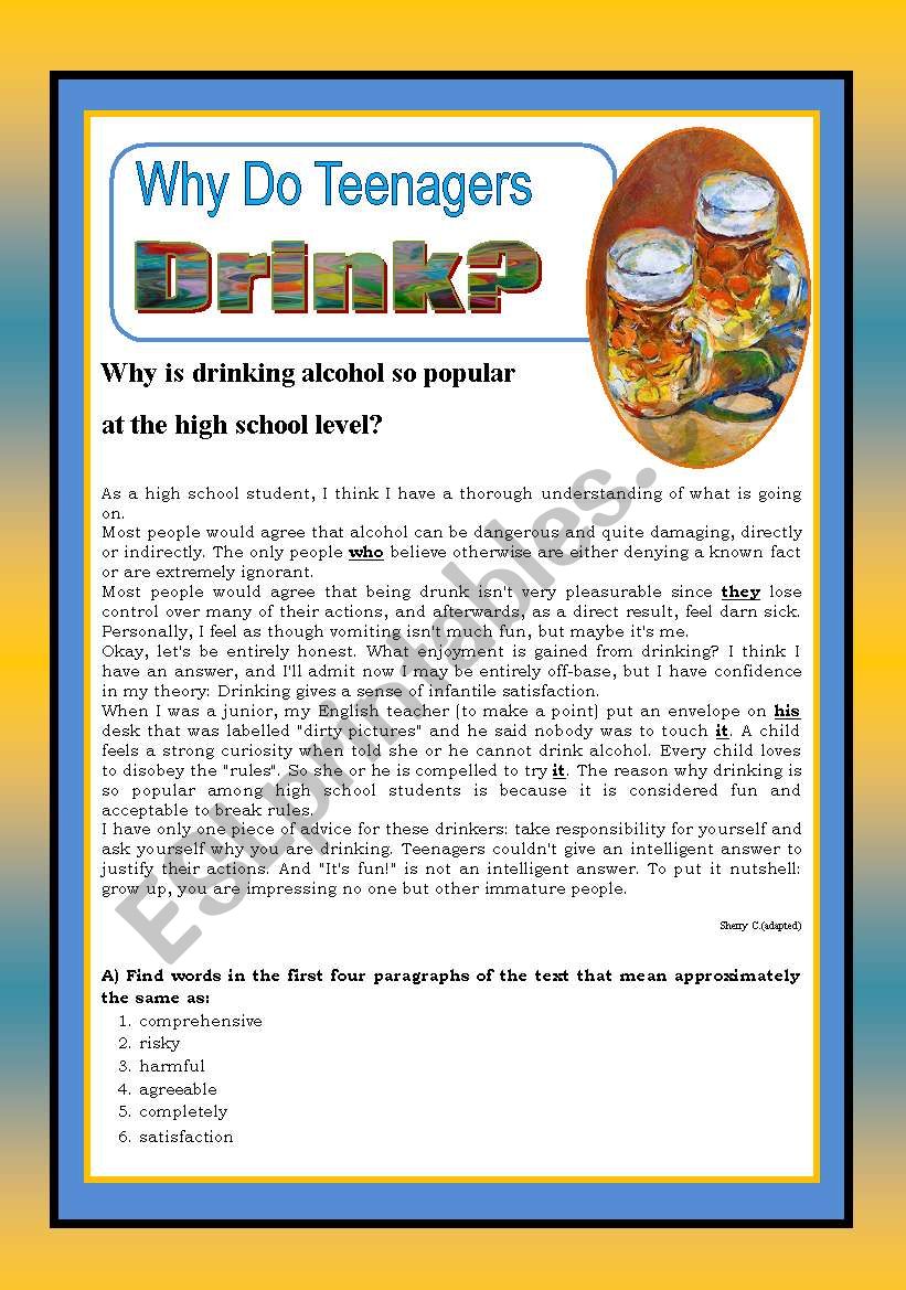 Why do teenagers drink? worksheet