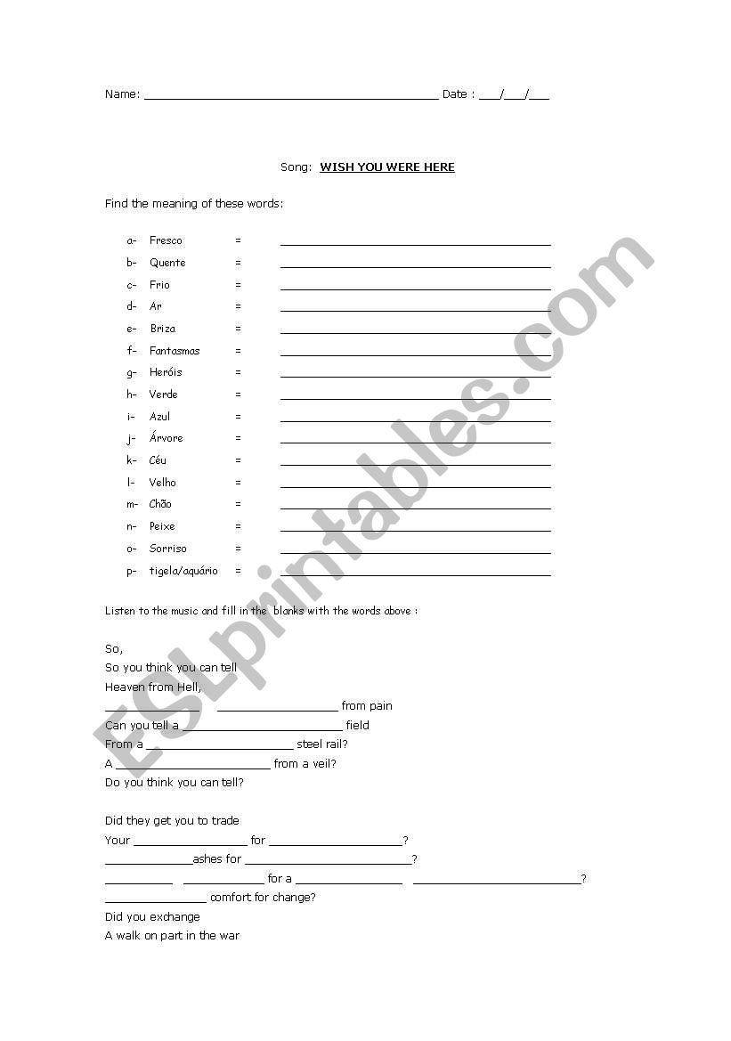 Song: Wish you were here worksheet