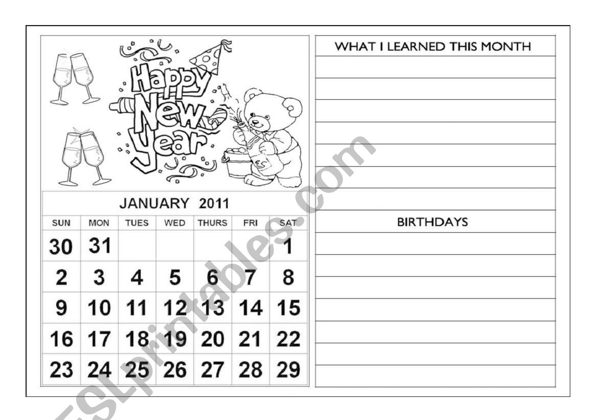 Calendar 2011 - January + diary of lessons