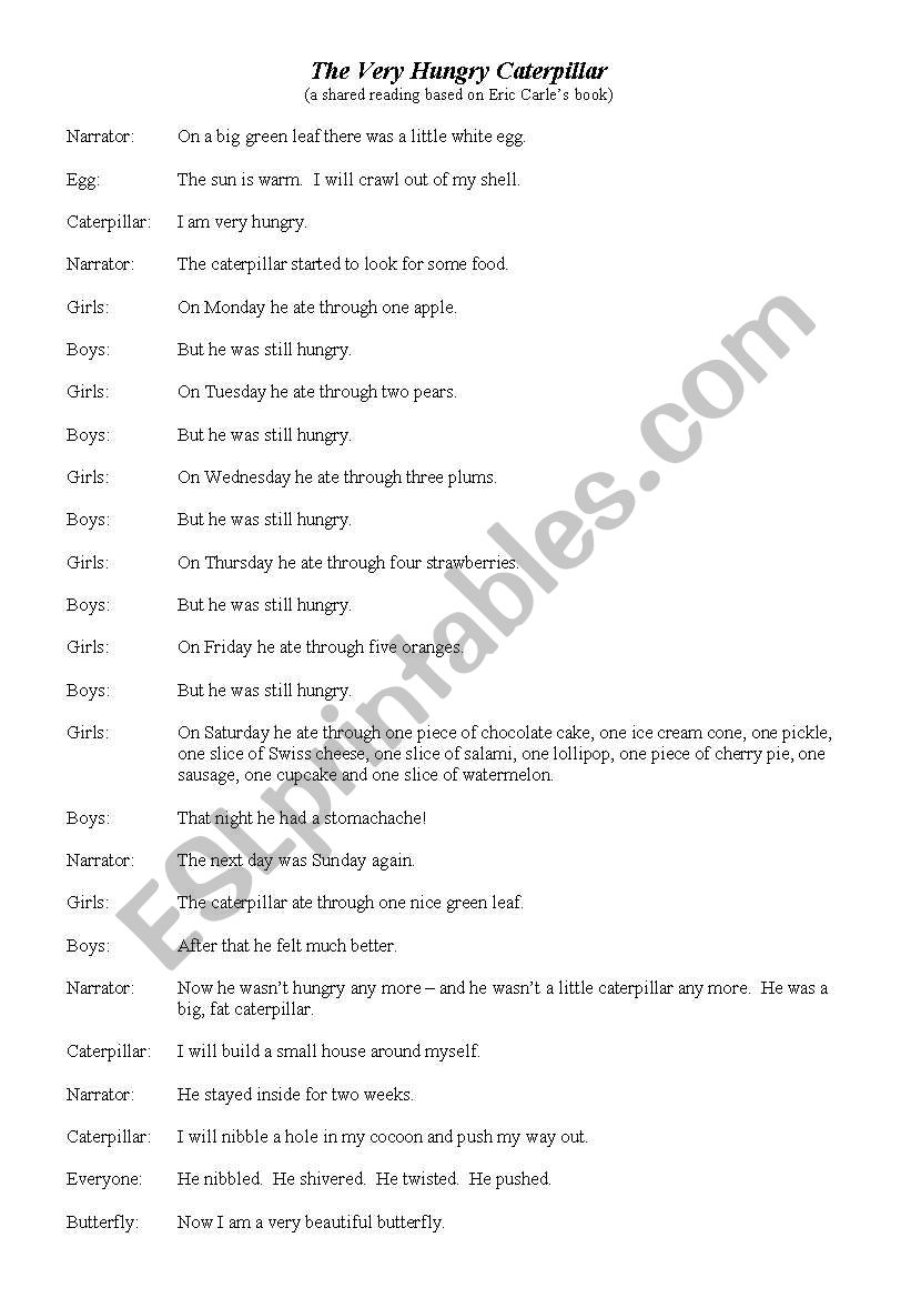 Readers Theatre Script based on Eric CarleÂ´s book Â´The Very Hungry CaterpillarÂ´.  