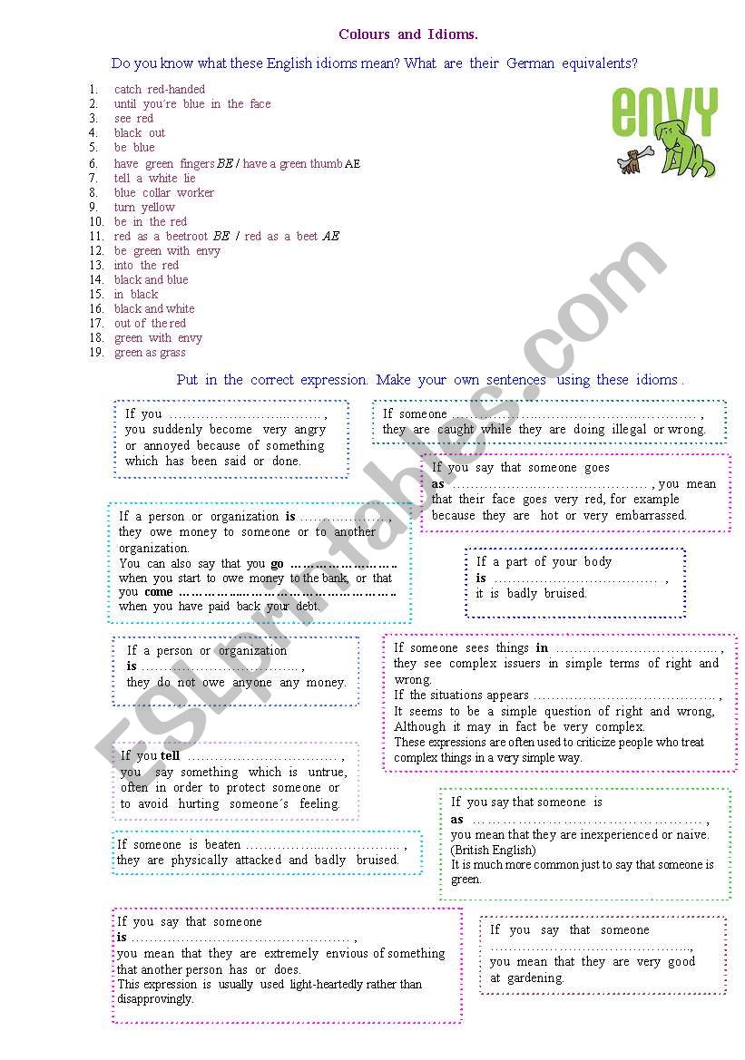 Colour idioms worksheet