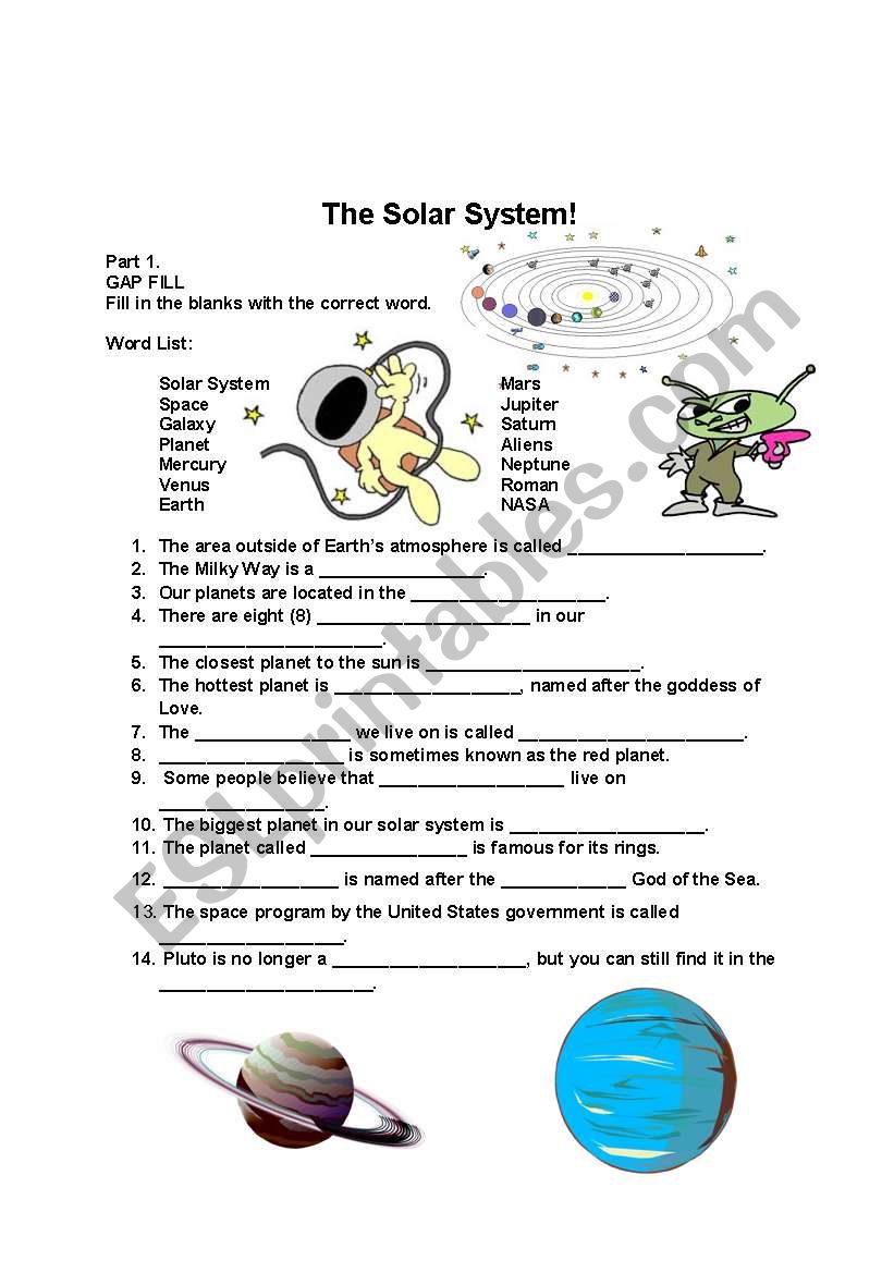 The Solar System - Space Worksheet