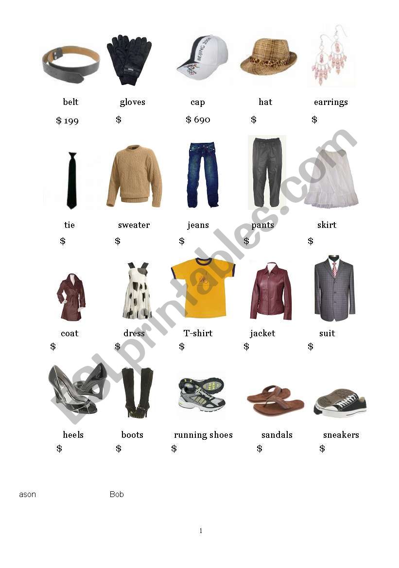 clothes and prices flash card worksheet